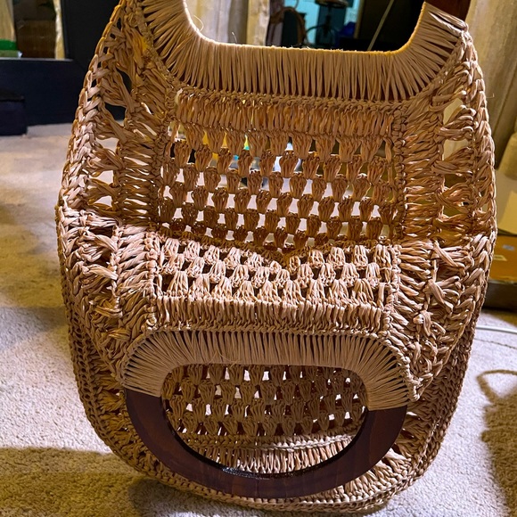 Vintage 1970s macrame straw and wood bag boho groceries - Picture 6 of 6